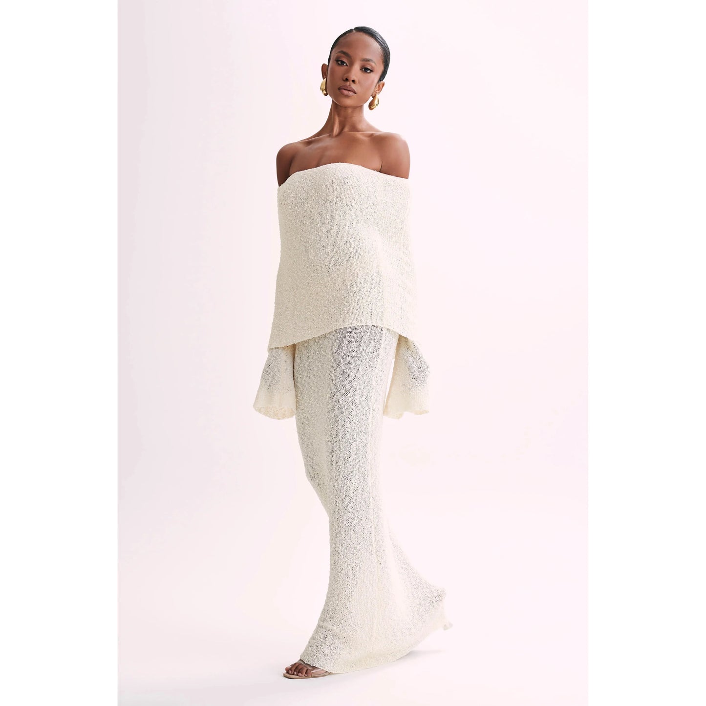 MARISOL OFF SHOULDER BOUCLE MAXI