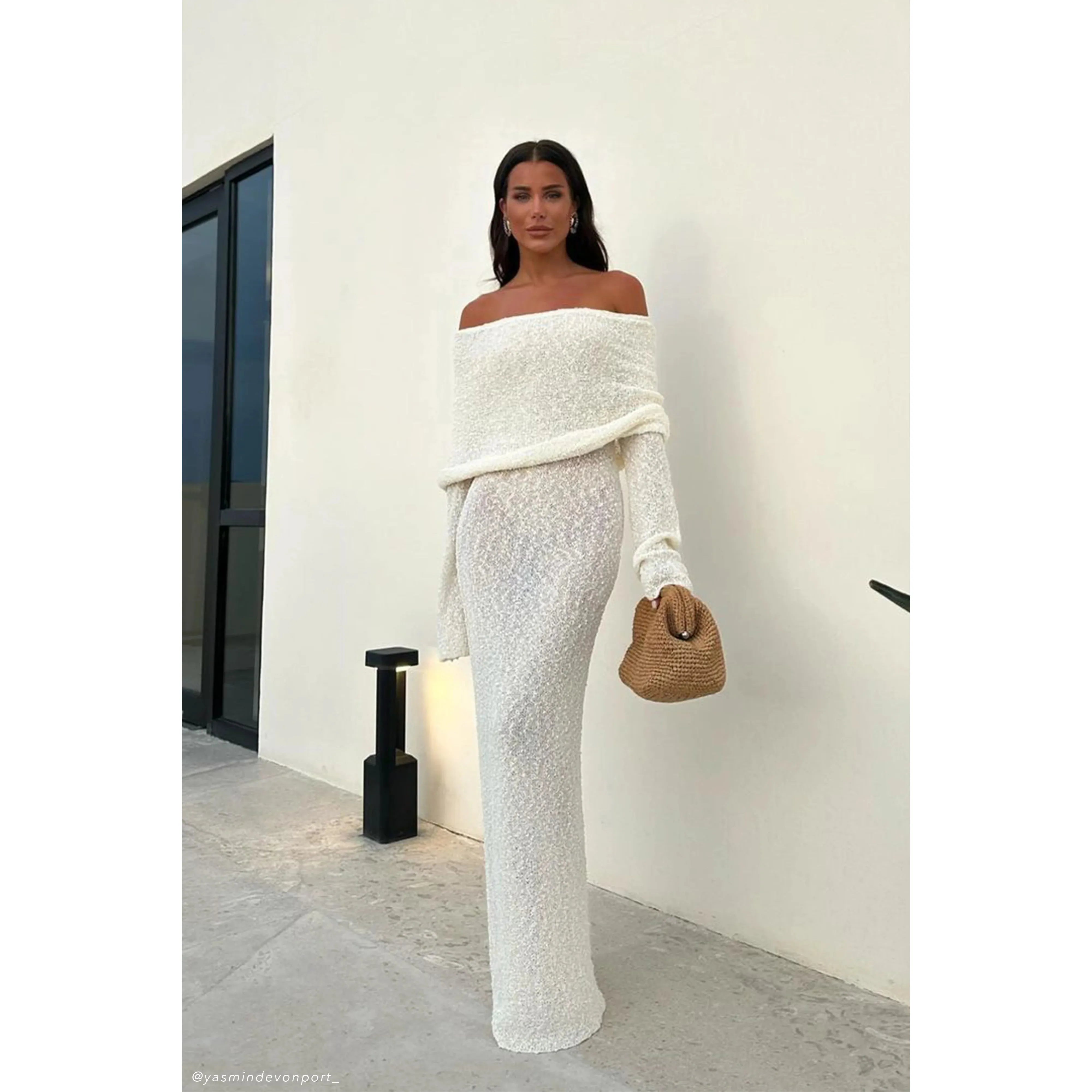 MARISOL OFF SHOULDER BOUCLE MAXI